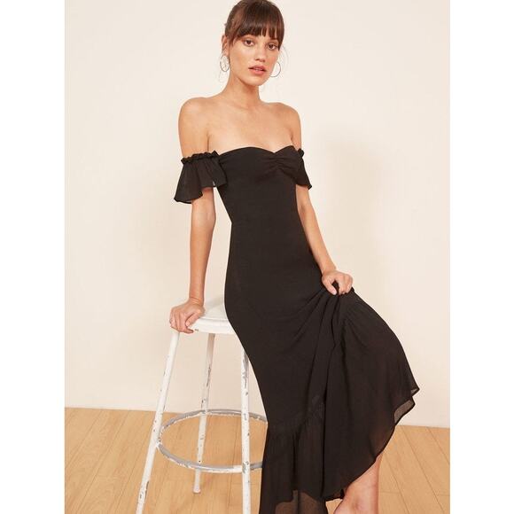 Reformation Dresses & Skirts - Reformation Butterfly Midi Dress Black Zip Ruffled Tiered Short Sleeve Sz 10